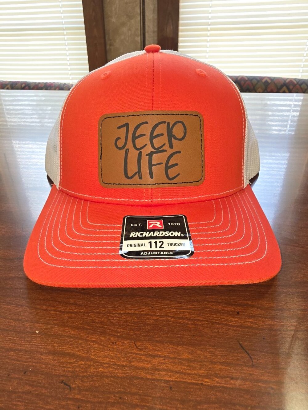 Richardson Orange/White Adjustable Mesh Back Trucker Hat "Jeep Life" Patch